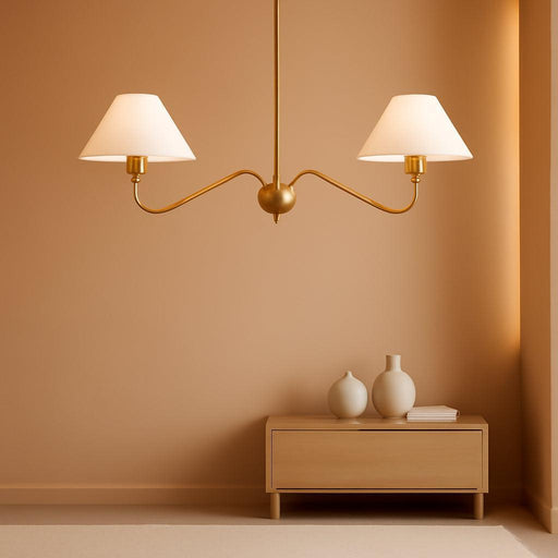 Modern Gold Linear Chandelier for Kitchen Island, 2-Light Linear Light Fixture with Off-White Fabric Shade, Rustic Pendant Light for Dining Room