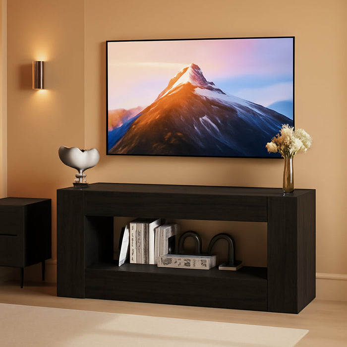 TV Stand for 55 Inch with 2 Large Drawers & Hidden Storage Cabinets, Modern Farmhouse Entertainment Center Television Stands for Living Room Bedroom, Black