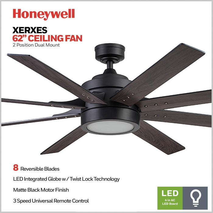 Ceiling Fans Xerxes Modern 62 Inch Ceiling Fan with Light, Remote Control Fan, LED Indoor Fan with 8 Blades, Matte Black and Ash Blade Finish Options, Matte Black (51473-01)