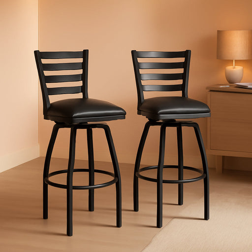 2 Pack HERCULES Series Black Ladder Back Swivel Metal Barstool - Black Vinyl Seat
