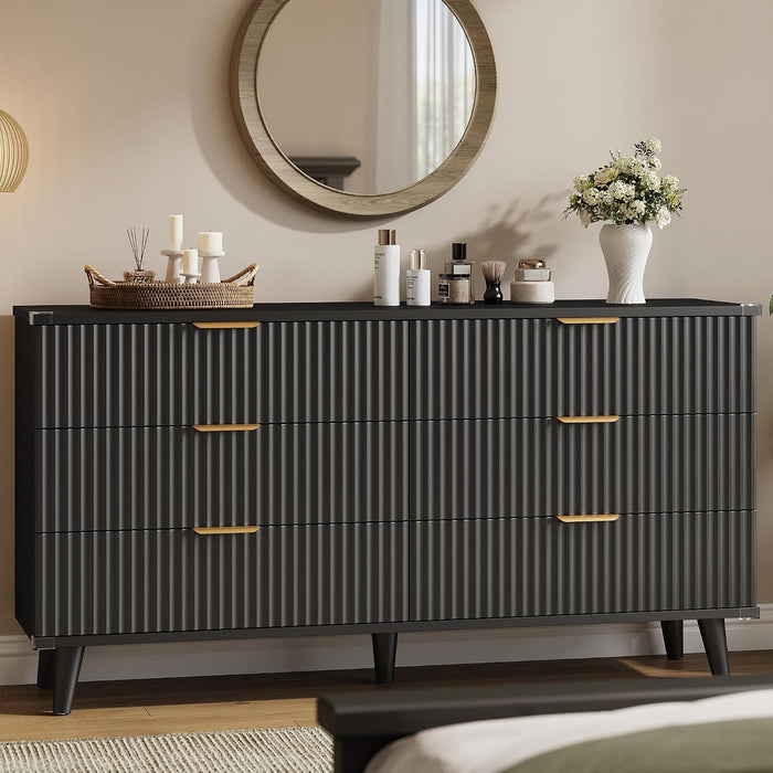 Wood 6 Drawers Dresser, 53.2" W Fluted Modern Dressers for Bedroom