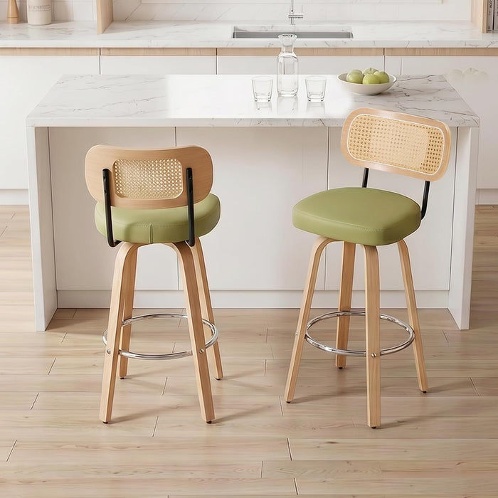 Rattan Bar Stools Set of 2,Upholstered PU Leather, 30''Counter Height Barstools with Back and Wood Legs,360°Swivel,Mid-Century Modern Bar Stool for Kitchen Island Dining Room and Bar(Grass Green)
