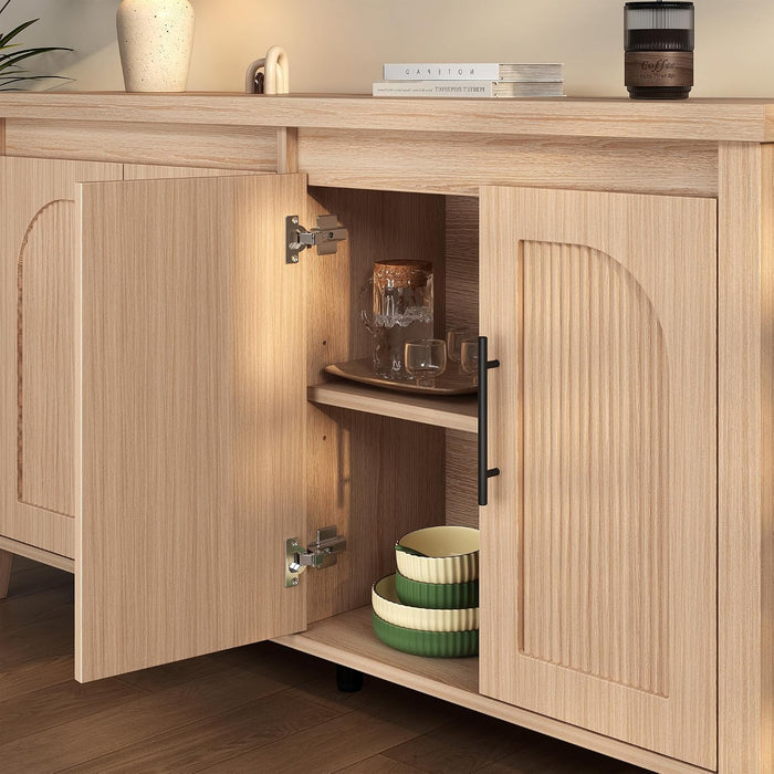 63" Fluted Sideboard Buffet Cabinet with Storage, Mid Century Modern Wood Arched Credenza, 4 Door Accent Console Table for Dining Room, Kitchen, Coffee Bar, Natural