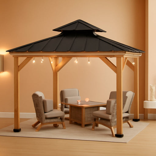 11 X 11 Ft. Wood Gazebo Standard Cedar Framed Gazebos with Black Double Steel Hardtop Roof for Garden, Backyard Shade, Matte Black Roof + Natural Wood Frame