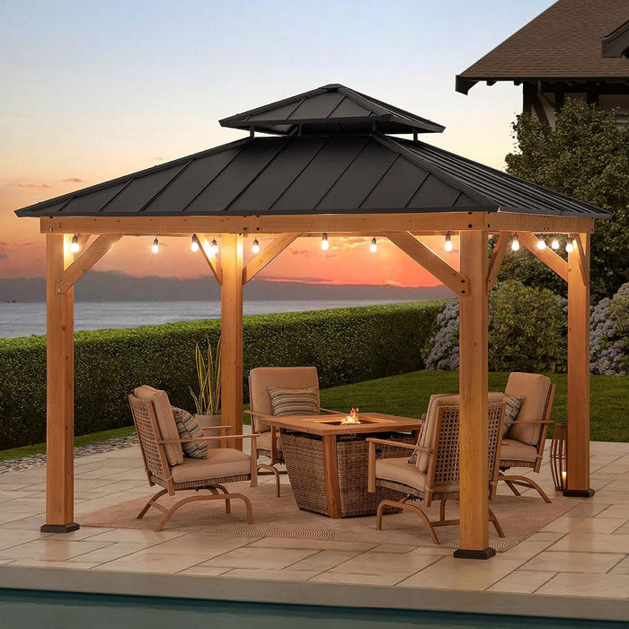 11 X 11 Ft. Wood Gazebo Standard Cedar Framed Gazebos with Black Double Steel Hardtop Roof for Garden, Backyard Shade, Matte Black Roof + Natural Wood Frame