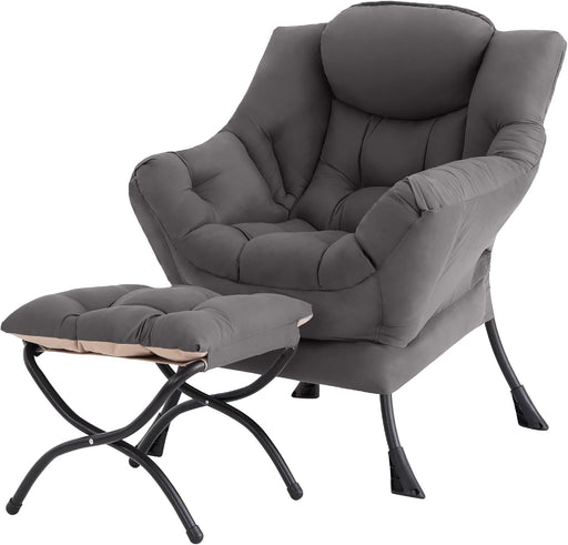 Dark GreyVelour Upholstered Accent Chair With Ottoman
