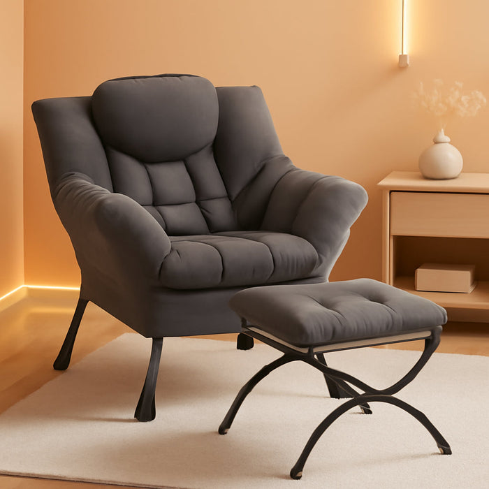 Dark GreyVelour Upholstered Accent Chair With Ottoman
