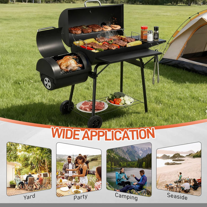Charcoal Grill with Offset Smoker, Barrel Barbecue Smoker Grill with Spacious Cooking Area for BBQ, Backyard Patio Picnic Parties Camping, Black