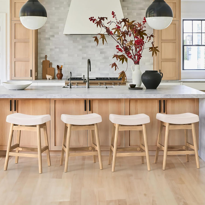 Bar Stools Set of 3, Barstools with Sturdy Wood Legs, Saddle Seat Counter Height Bar Stools for Kitchen Counter, Bar, Dining, 24 Inch Farmhouse Counter Stools, Beige