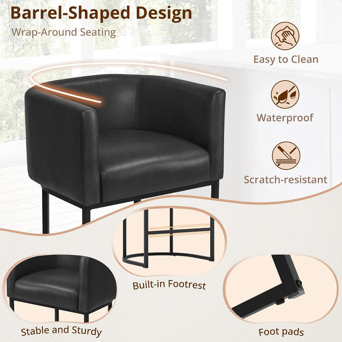 Counter Height Bar Stools Set of 3, Modern Barrel Counter Stools with Backrest and Arms, Black Metal Frames, Faux Leather Upholstered Accent Barstools for Kitchen Island, Black