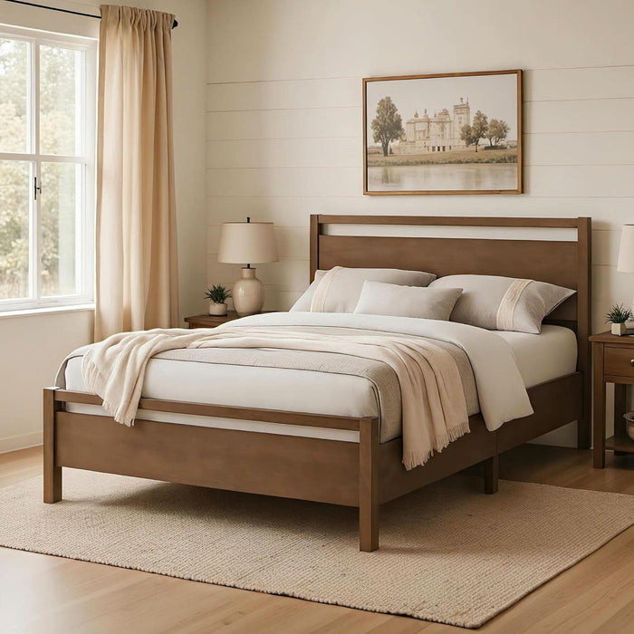 Queen Size Solid Wood Bed Frame with Headboard, Minimalist Platform Bed with Wooden Slats Support/No Box Spring Needed/Easy Assembly/Noise-Free, Dark Brown