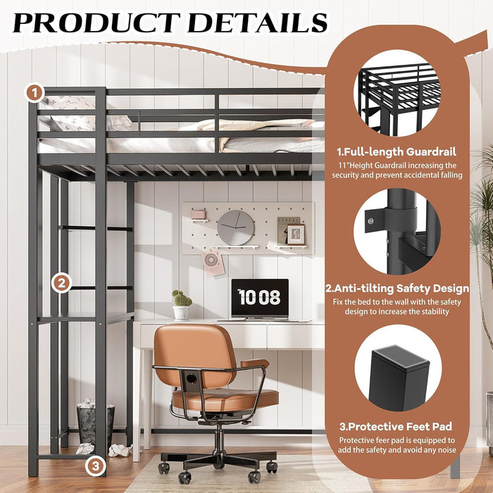 Loft Bed Full Size with Desk and Storage Shelves, Frame with 2 Side Ladders for Kids, Teens Adults, Spcace-Saving Noise-Free and Anti-Tilt Design, Black