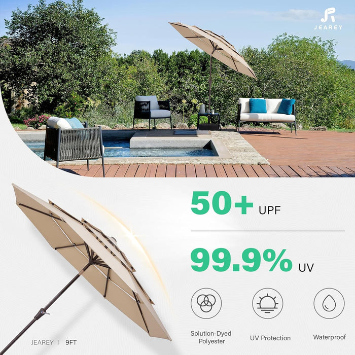 9FT 3 Tier Patio Umbrella Outdoor Market Umbrella Table Umbrellas with 8 Ribs 1.5 Pole Push Button Tilt and Crank UV Protection for Garden,Beige