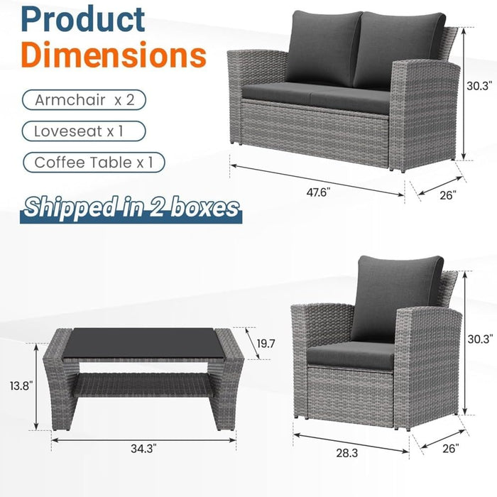 Wicker Patio Conversation Set with Tempered Glass Table and Outdoor Cushions for Backyard Living