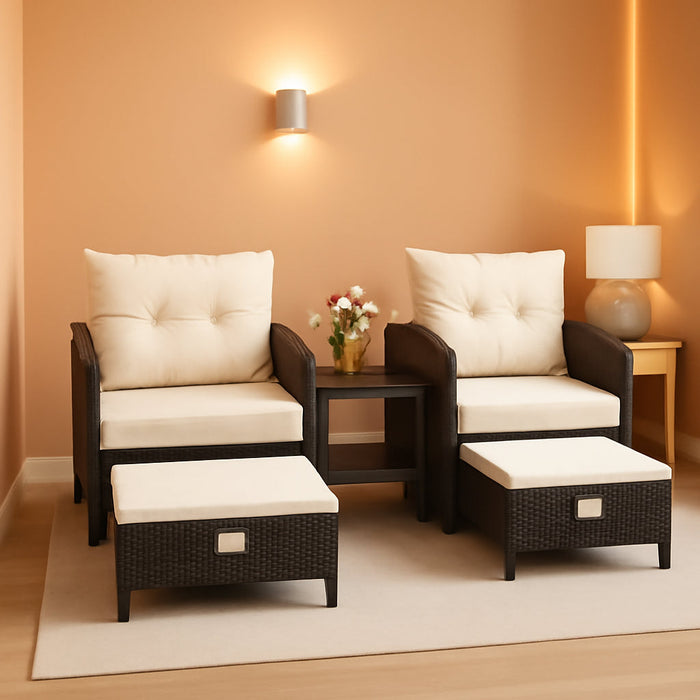 5 Pieces Patio Furniture Set, Rattan Balcony Furniture with Ottomans, PE Wicker Outdoor Patio Chairs Set with Coffee Table for Poolside, Porch, Lawn, Garden, Balcony(Beige)