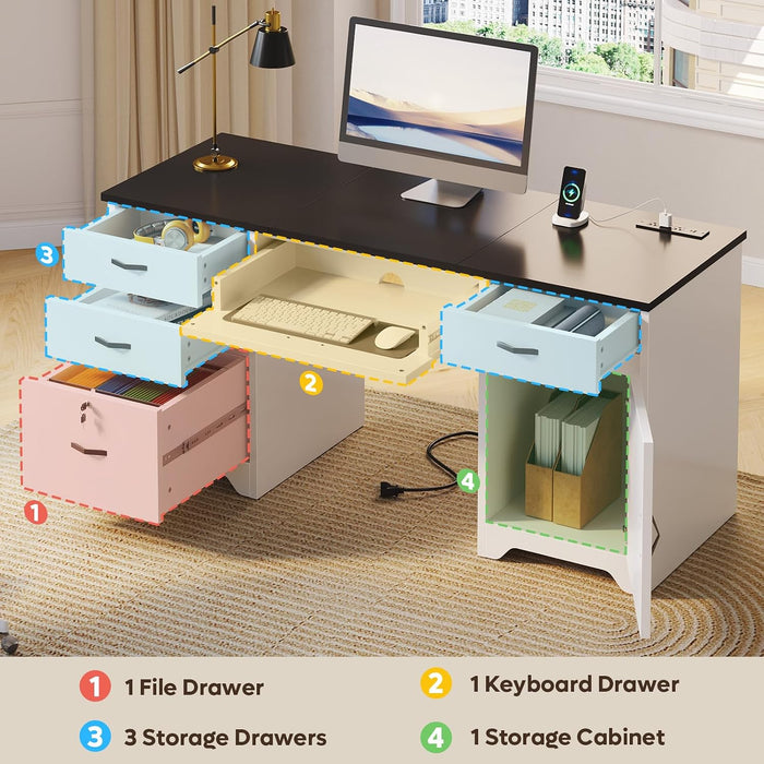 59” Office Desk with Lockable Drawers, Modern Computer Desk with File Drawer, Charging Station & Drop-Front Keyboard Drawer, Executive Desk with Storage Cabinet for Home Office & Studio, White