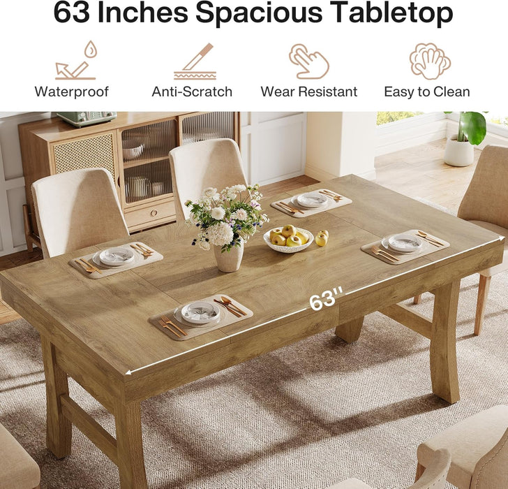 63-Inch Dining Table for 4-6 People, Farmhouse Rectangular Large Kitchen Dinner Eating Table with Sturdy Legs for Home Kitchen, Dining Room, Light Brown