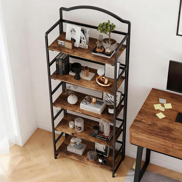 5 Tier No Assembly Folding Bookshelf, Arched Bookshelf, Foldable Bookcase for Living Room, Bedroom, Office,Skinny Bookshelf (Fire Brown)