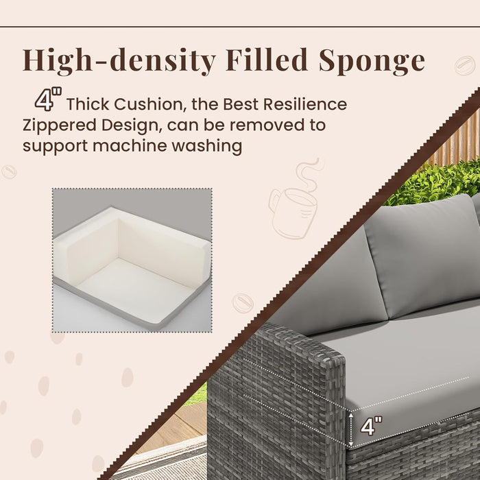 7 Pieces Patio Furniture Set, Outdoor Sectional Sofa Conversation Set, All Weather Wicker Rattan Dining Table & Chair with Ottoman, Grey Rattan&Grey Cushion