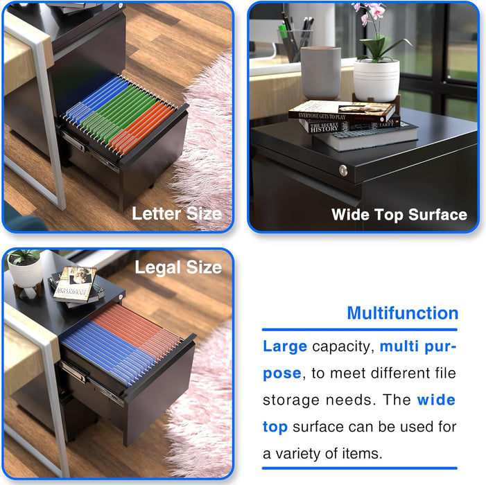 2 Drawer Vertical File Cabinet with Lock, Mobile Metal Filing Cabinet for Legal/Letter Size, Office Storage File Cabinet under Desk, Fully Assembled except Wheels, Black