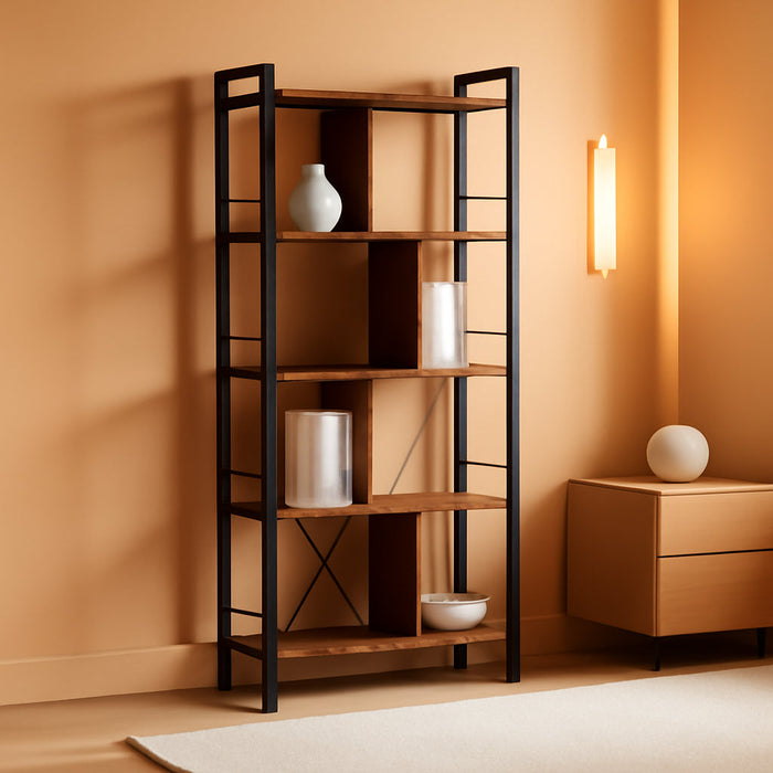 Bookshelf, 5-Tier Bookcase, Storage Shelving Unit, Display Shelf with Open Compartments for Living Room, Home Office, Bedroom, Industrial, Rustic Brown and Black ULBC121B01