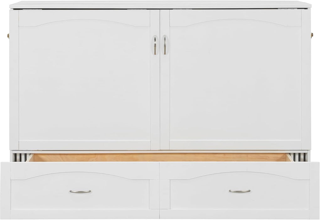 Queen Size Murphy Bed Cabinet Wall Bed Chest with Storage Drawer,Usb,Charging Station, Wood Murphy Bed Frame for Home Office or Small Room-White