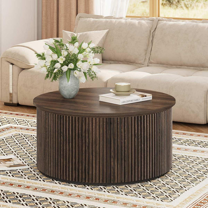 round Coffee Table, Fluted Woodern Center Table with Storage, Mid-Century Modern Cocktail Tables for Small Space, Living Room, Bedroom (31.5 Inch, Dark Walnut)