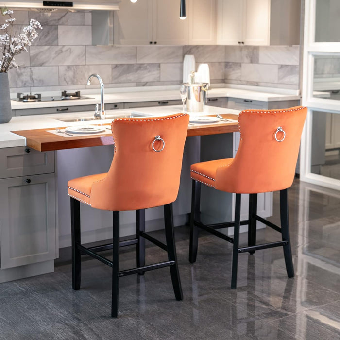 Velvet Upholstered Wingback Bar Stools Set of 2, Button Tufted Counter Height Bar Stool Chairs with Nailhead Trim&Handle Ring, Padded Kitchen Island Barstools W/Solid Wood Frame, Orange
