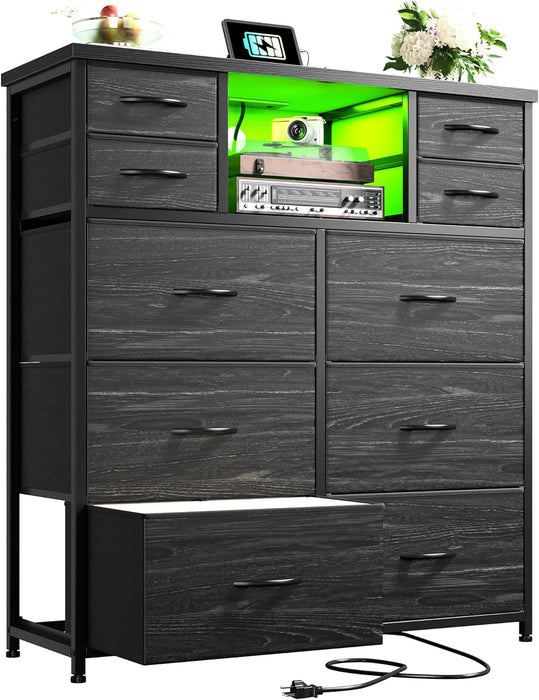Black Dresser for Bedroom with LED Lights & Power Outlets 2 AC & 2 USB, Fabric 10 Drawer Dressers & Chest of Drawers with Open Shelves for Hallway Living Room Closet, Metal Frame, Wood Top