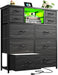 Black Dresser for Bedroom with LED Lights & Power Outlets 2 AC & 2 USB, Fabric 10 Drawer Dressers & Chest of Drawers with Open Shelves for Hallway Living Room Closet, Metal Frame, Wood Top