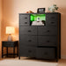 Black Dresser for Bedroom with LED Lights & Power Outlets 2 AC & 2 USB, Fabric 10 Drawer Dressers & Chest of Drawers with Open Shelves for Hallway Living Room Closet, Metal Frame, Wood Top