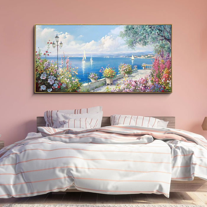 Large Coastal Wall Art - Ocean Seascape Canvas Yellow Green Flowers Painting Landscape Sailboat Picture Artwork Modern Large Framed for Living Room Bedroom Home Office Decor 58X29 Inches