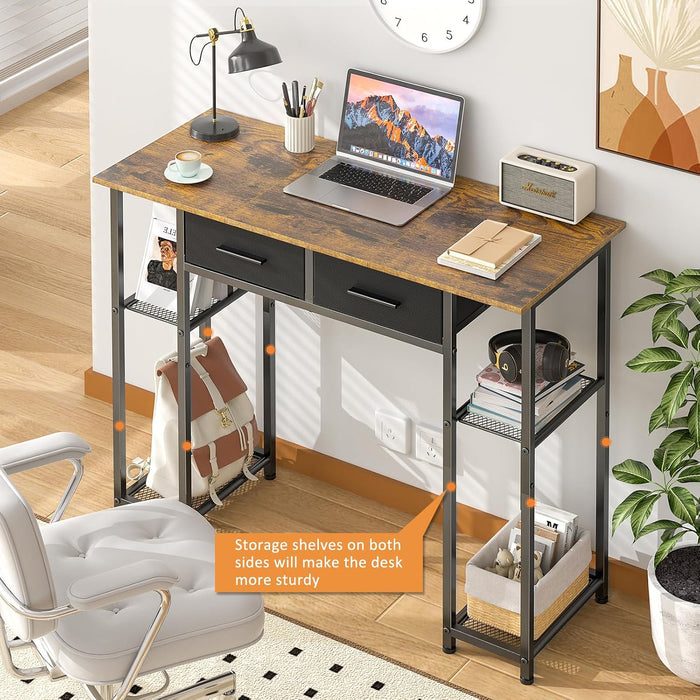 Computer Desk with Drawers, 37.3 Inch Home Office Work Desk with Storage Shelf, Kids Teens Study Table for Small Space, Small Writing PC Table for Bedroom Makeup Vanity Desk, Brown