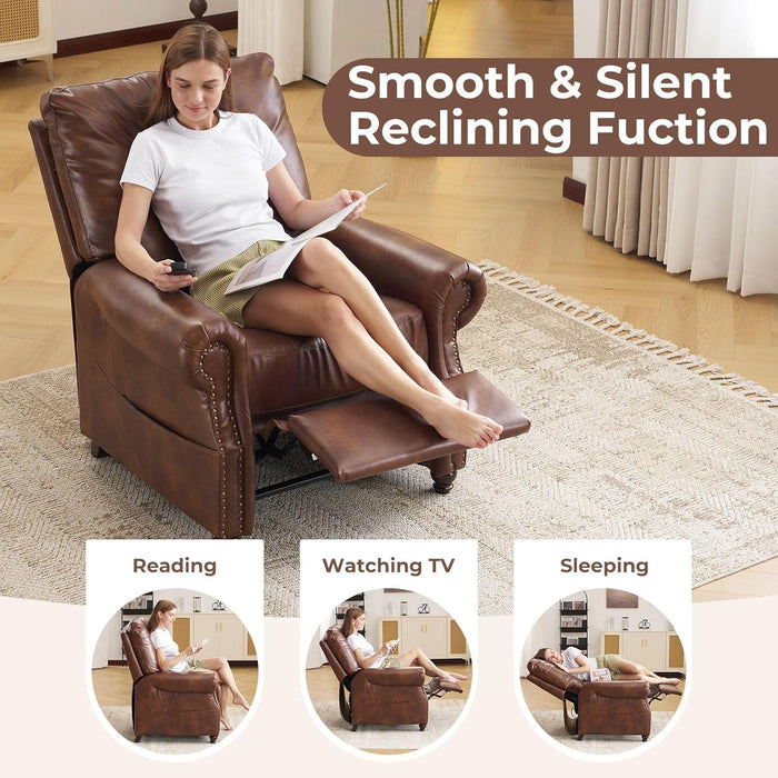 Pushback Recliner Chair with Massage and Heating, Breathable Leather Recliner Chair with Overstuffed Backrest and Rivet Decoration, Single Sofa Accent Chair for Living Room, Light Brown