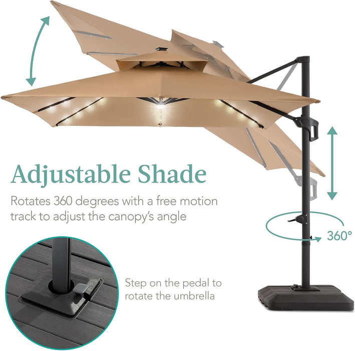 10X10Ft Cantilever Patio Umbrella W/Base Included, Solar LED Lights 360 Rotation Large Offset Hanging Outdoor Shade for Deck Pool Backyard W/Stand – Tan