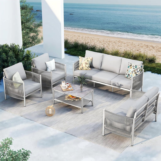 Aluminum Outdoor Patio Furniture Set, HDPE Rope 5 Piece Modern Sectional Conversation Sets with Dual-Layer Coffee Table, All Weather Patio Couch Sofa with Thick Cushions, Silver Frame, Silver