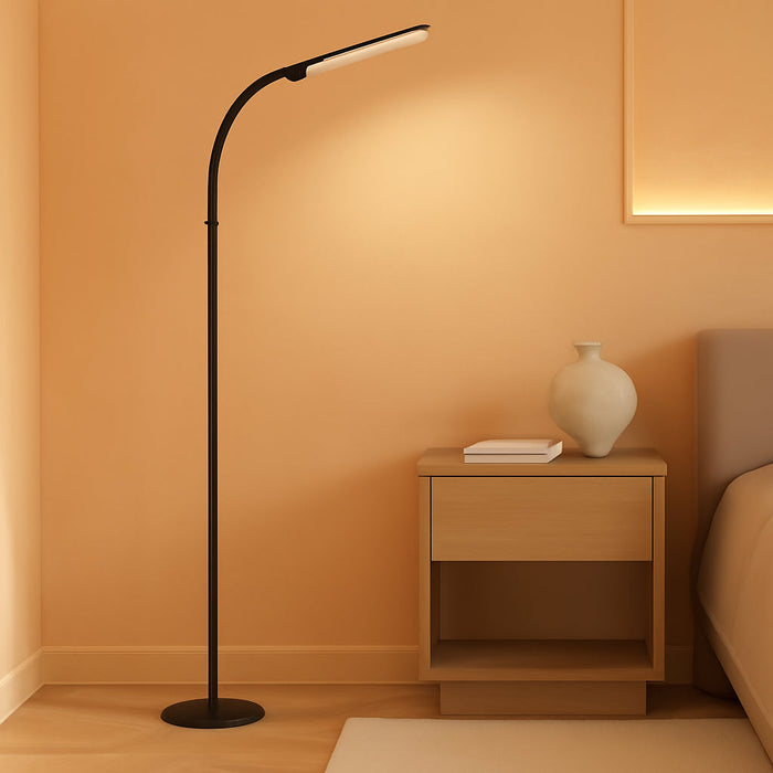 LED Floor Lamp for Living Room, Bright Reading Lamps for Office, Adjustable Colors Temperatures&Brightness, Dual Head Goose-Neck Standing Lamp, Remote and Button Control, Eye Caring Tall Lamp, Black