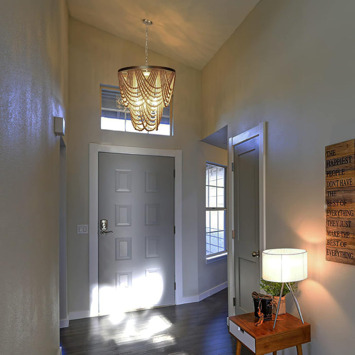6 Light Contemporary Farmhouse Wooden Beaded Chandelier