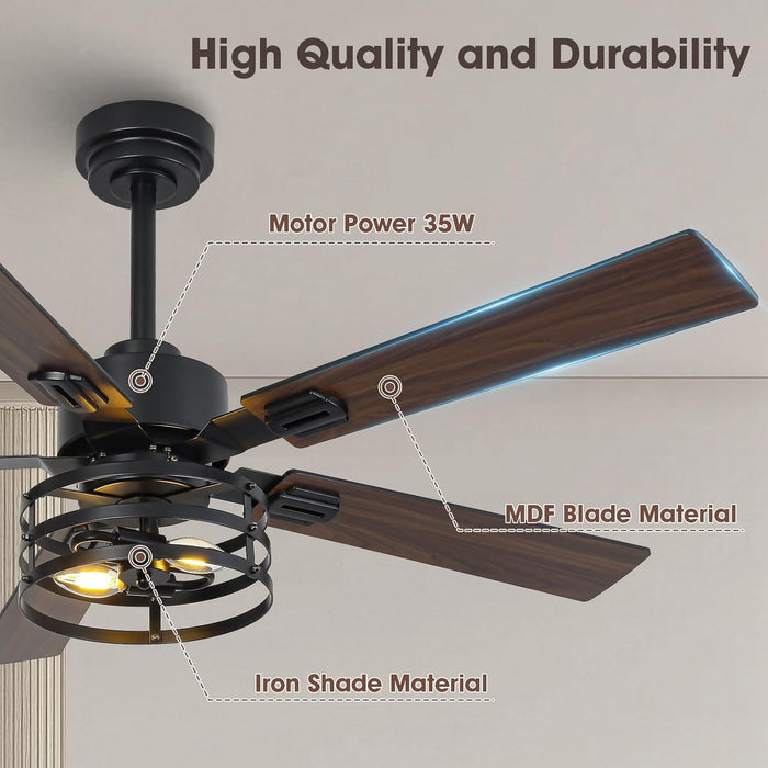 52" Farmhouse Ceiling Fans with Lights and Remote, Outdoor Ceiling Fan Dual Finish 5 Blades 6-Speed Quiet and Reversible DC Motor, Ceiling Fan with Light for Bedroom Living Room and Patio
