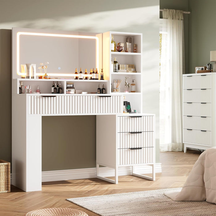 Fluted Vanity Desk with Mirror and Lights,48" Large Makeup Vanity Desk with Charging Station,Dressing Table with 4 Drawers & 3 Open Storage Shelves, Glass Top for Bedroom,Peal White