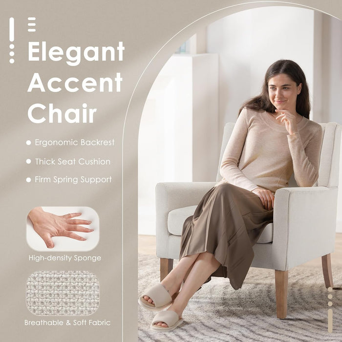 Modern Wingback Living Room Chair Set of 2, Upholstered Fabric Accent Armchair, Single Sofa Chair with Lounge Seat and Wood Legs for Bedroom/Office/Reading Spaces, Beige