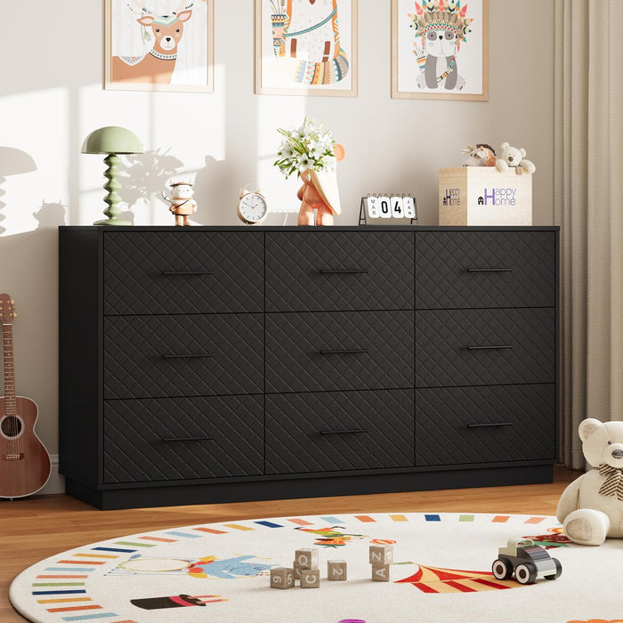 9 Drawers Dresser for Bedroom, 58” Wide Modern Chest of Drawers with Diamond Panel, Anti-Tipping Device, Wood Stable Storage Organizer for Bedroom, Nursery, Living Room
