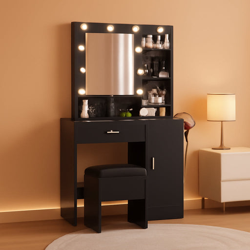 35.4-Inch Vanity with Mirror, Featuring Three-Level Adjustable Lighting, a Drawer Unit, Shelves, an Outlet, and a Stool. a Compact Vanity Suitable for Living Rooms and Apartments – Black