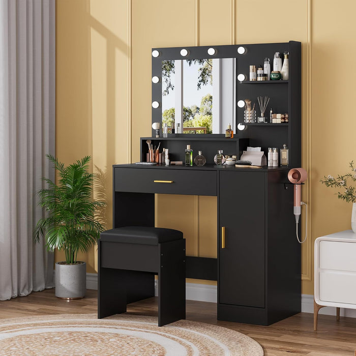 35.4-Inch Vanity with Mirror, Featuring Three-Level Adjustable Lighting, a Drawer Unit, Shelves, an Outlet, and a Stool. a Compact Vanity Suitable for Living Rooms and Apartments – Black