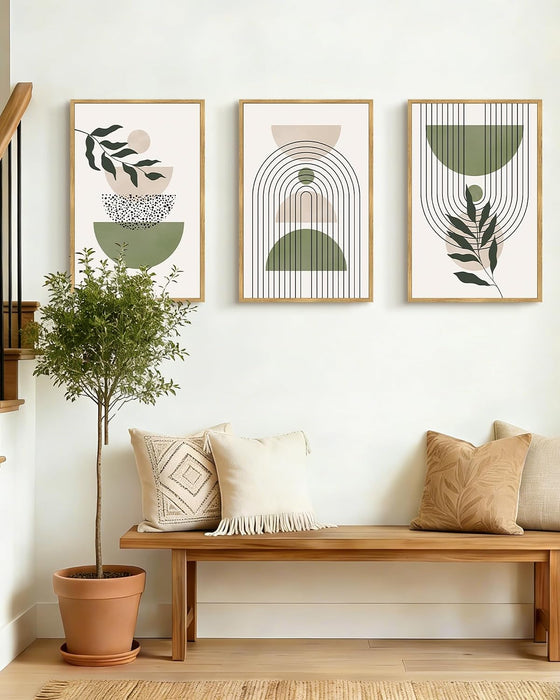 Large 16X24In Green Botanical Boho Wall Art Framed Modern Sage Bohemian Wall Decor Abstract Geometry Lines Prints Ready to Hang Natural Framed