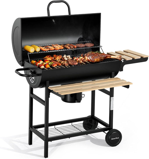 Barrel Charcoal Grill with Foldable Front Wood Shelf, 686 Sq.In. Cooking Area Outdoor Bbq Grill, Thermometer and Adjustable Air Vents for Backyard, Patio, Parties, Tailgating, Black