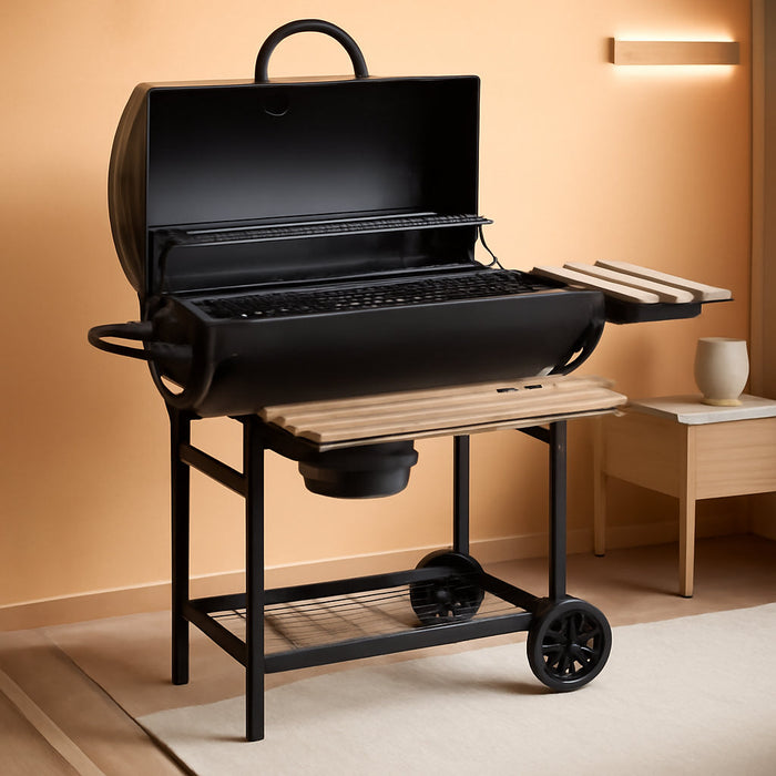 Barrel Charcoal Grill with Foldable Front Wood Shelf, 686 Sq.In. Cooking Area Outdoor Bbq Grill, Thermometer and Adjustable Air Vents for Backyard, Patio, Parties, Tailgating, Black