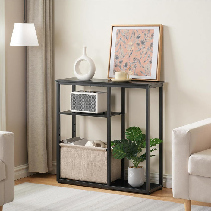 Narrow Console Table with Storage Basket, 29.5" Small Entryway Table with 3-Tier Storage Shelves, behind Couch Sofa Table, Hallway Table for Living Room, Black and Beige BB60XG01