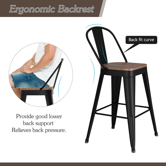 24" Swivel Metal Bar Stools Set of 4, High Back Counter Height Barstools Industrial Dining Bar Chairs with Large Wooden Seat-Matte Black