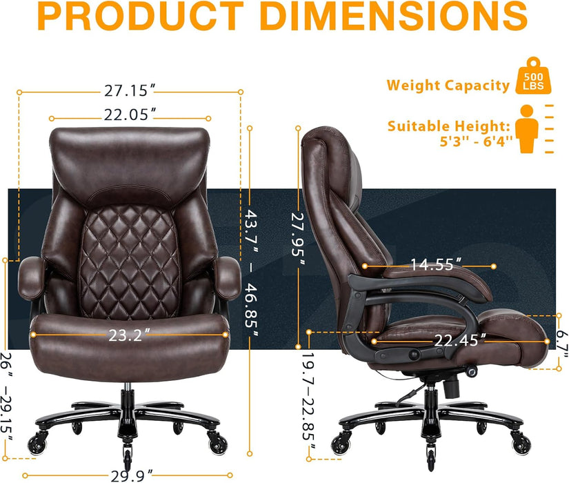Big and Tall Office Chair for Heavy People, 500LBS High Back Extra Wide Heavy Duty Executive Office Chair Comfortable for Home Office, Large Computer Desk Chair with Adjustable Lumbar Support Brown